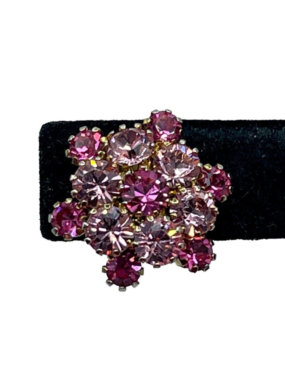 Pink Rhinestone Earrings Two Toned Prong Set Cluster Vintage Clip On Gold Tone - Picture 2 of 16